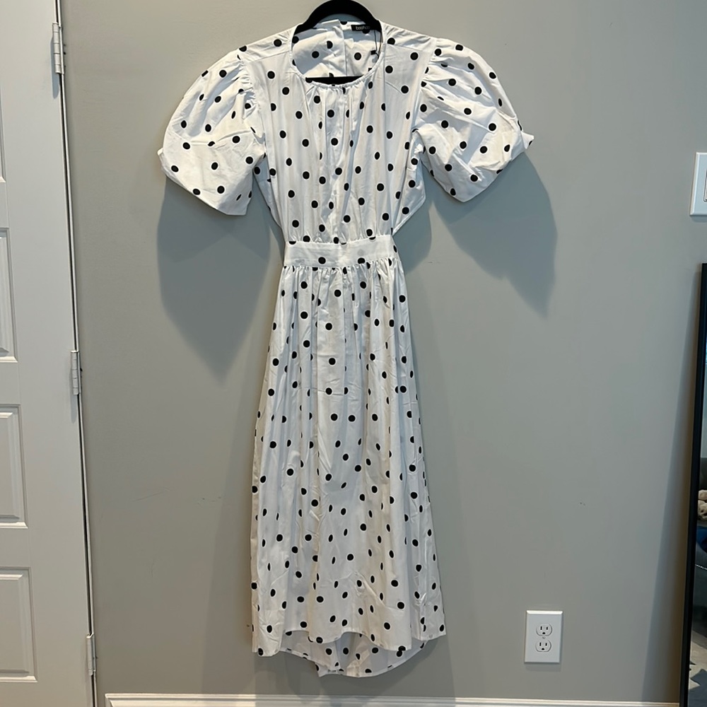 boohoo polka dot open back midaxi dress